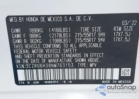 2022 Honda Hr-V Awd Lx z USA, uszkodzony, nr VIN 3CZRU6H38NM763153